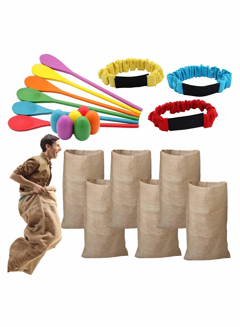 Potato Sack Race Bags Egg and Spoon Race Legged Relay Race Bands Elastic Tie Rope for Kids and Family Activity Outdoor Game Lawn Games 6 Player Games  - Image 1