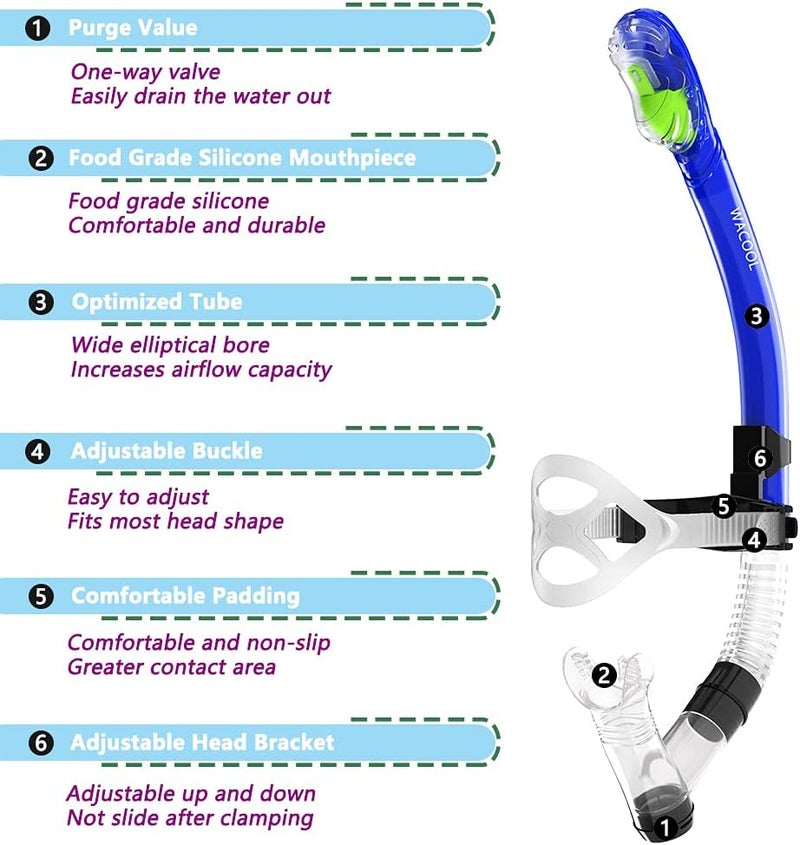 WACOOL Training Headstrap Support Dry Top Snorkel Tube Comfortable Mouthpiece One-Way Purge Valve for Pool Open Water Scuba Lap Swimming Swimmer Diving Snorkeling - Image 2