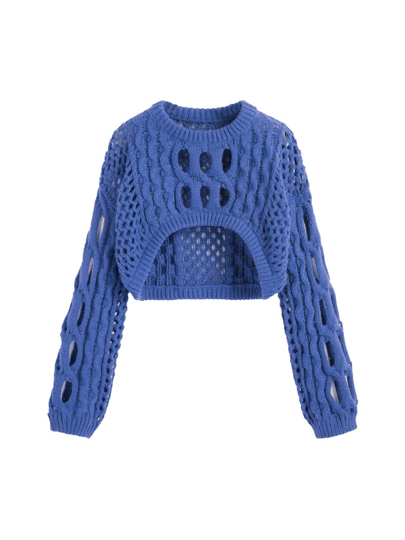 CIDER Cropped Sweaters for Women Knit Round Neckline Hollow Out Long Sleeve Crop Top Sweaters: Blue, L - Image 1