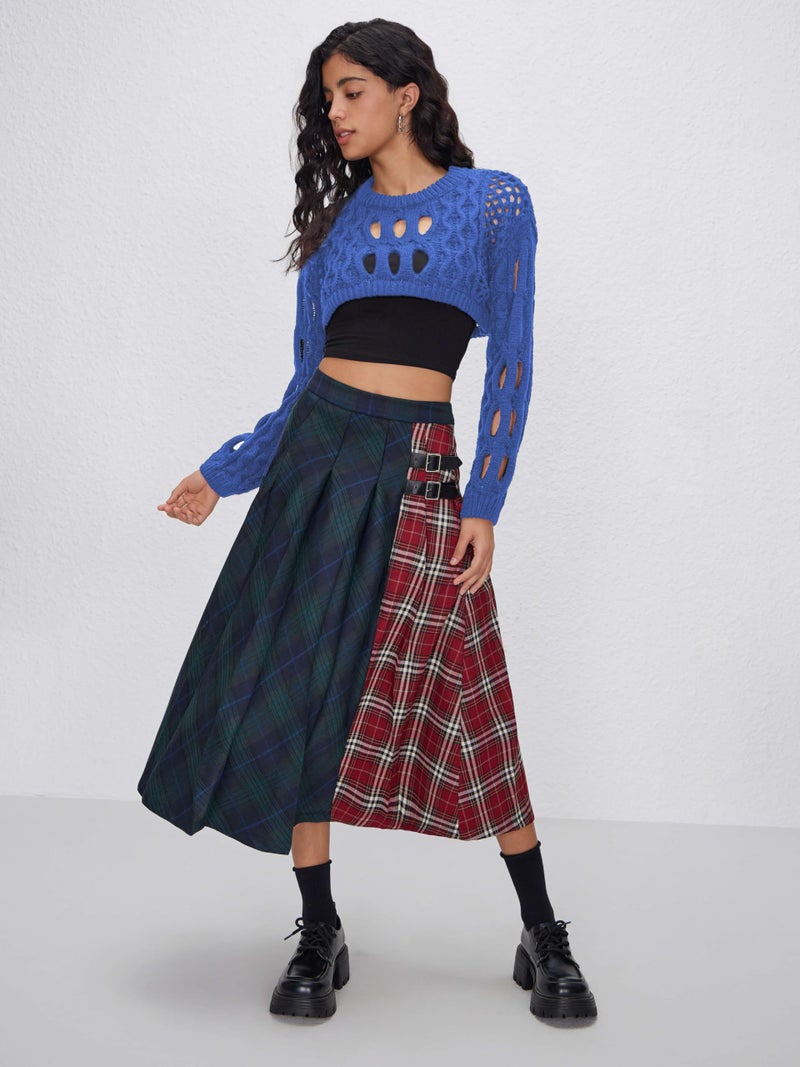 CIDER Cropped Sweaters for Women Knit Round Neckline Hollow Out Long Sleeve Crop Top Sweaters: Blue, L - Image 2