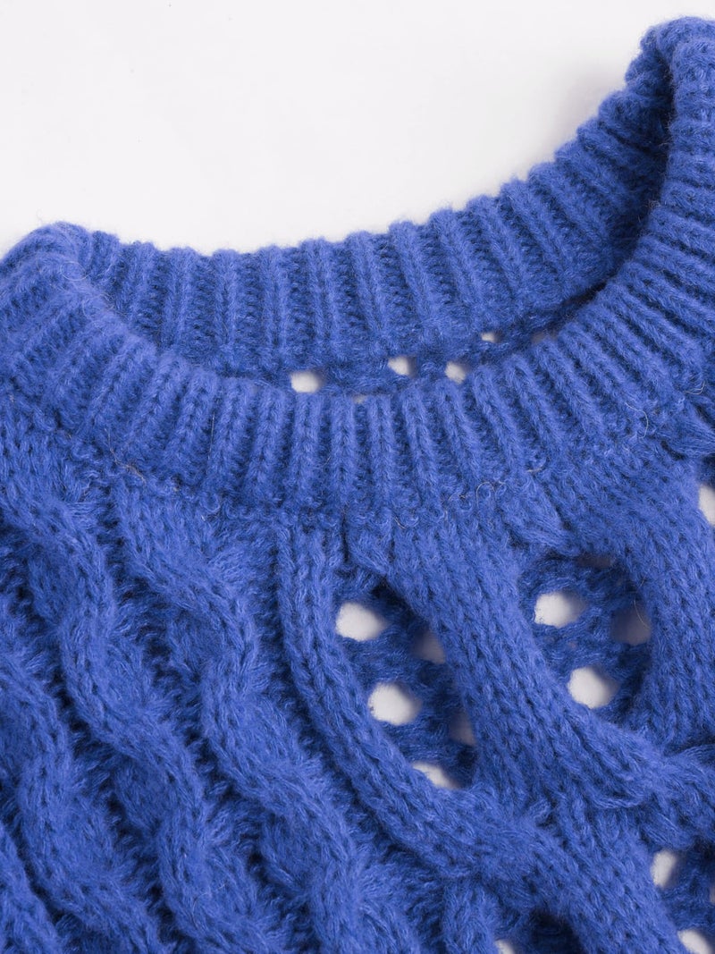 CIDER Cropped Sweaters for Women Knit Round Neckline Hollow Out Long Sleeve Crop Top Sweaters: Blue, L - Image 3