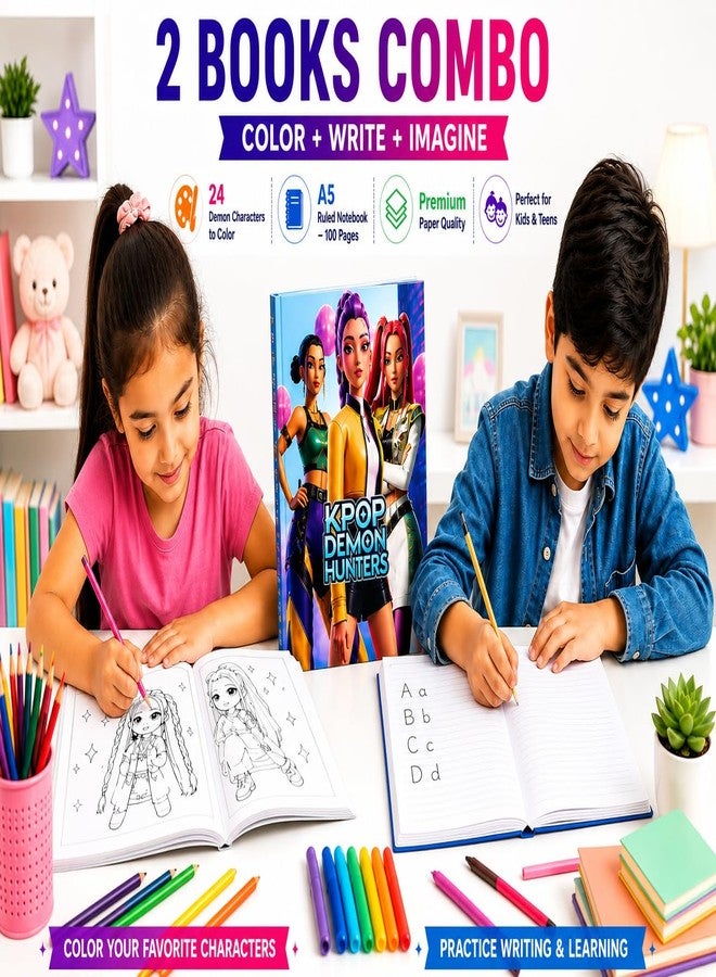 كتاب تلوين ودفتر ملاحظات مسطر بحجم A5 بتصميم موسيقى البوب الكورية للأطفال والمراهقين | 24 صفحة تلوين | 100 صفحة دفتر ملاحظات مسطر | هدية للأولاد والبنات - Image 4