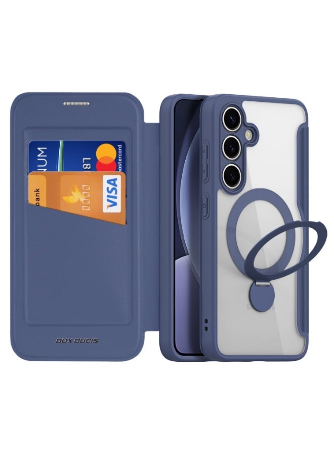 DUX DUCIS Skin X Pro Series Leather Folio Phone Case with Magsafe Ring Holder for Samsung Galaxy S25+ 5G, Blue - Image 1