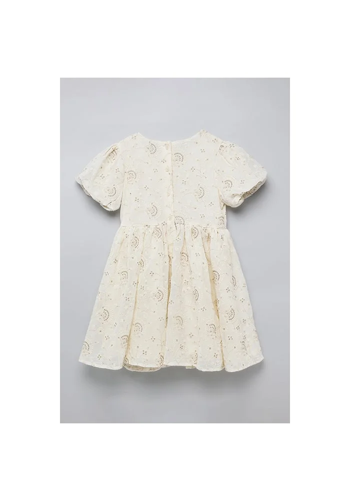 أر أند بي Embroidered Dress with Crew Neck and Puff Sleeves