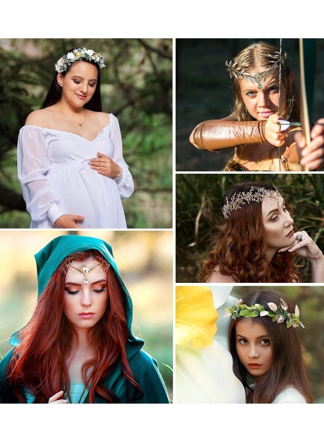تاج الزهور الذهبية للجنيات، إكليل مزخرف يدويًا، طوق زهور خيالي مع اكسسوار من الكريستال للنساء والفتيات، مثالي لحفلات الزفاف، التنكر، ولقطات الصور. - Image 4