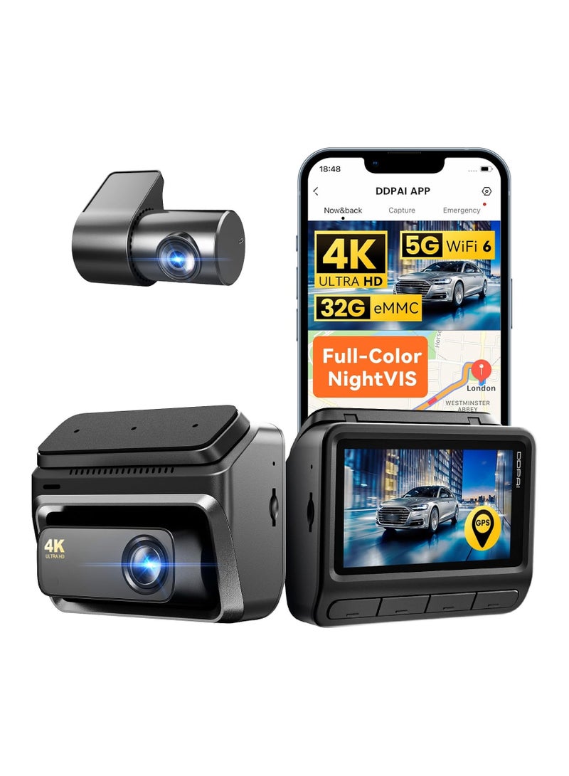 DDPAI 4K Dash Cam for Cars Front and Rear, 2160P+1080P Dashcam, 5GHz WiFi6 Car Dash Camera, 3" IPS with 32G eMMC GPS Night Vision 24H Parking Monitor ADAS G-Sensor Max Support 512G, Z60 - Image 1