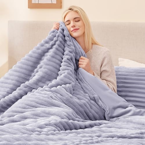 EXQ Home Fluffy Comforter Set King Size Super Soft Faux Fur Stripe Jacquard Comforter 3 Pieces Purple Fleece Bedding SetWinter Warm Bed Set1 Comforter with 2 Pillowcases - Image 3