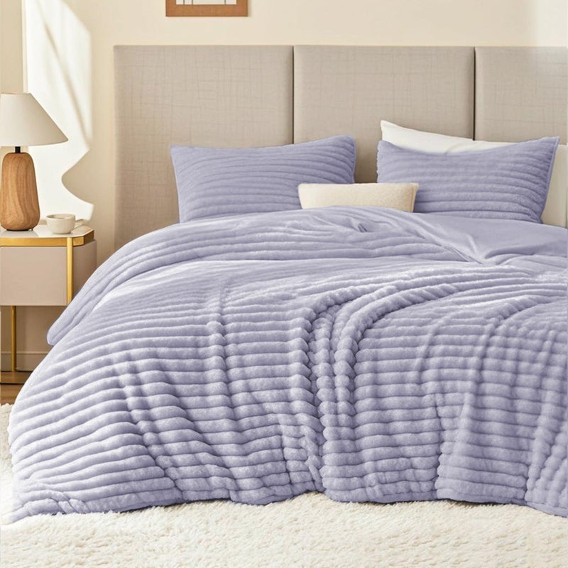EXQ Home Fluffy Comforter Set King Size Super Soft Faux Fur Stripe Jacquard Comforter 3 Pieces Purple Fleece Bedding SetWinter Warm Bed Set1 Comforter with 2 Pillowcases - Image 2