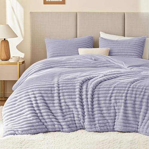 EXQ Home Fluffy Comforter Set King Size Super Soft Faux Fur Stripe Jacquard Comforter 3 Pieces Purple Fleece Bedding SetWinter Warm Bed Set1 Comforter with 2 Pillowcases - Image 1
