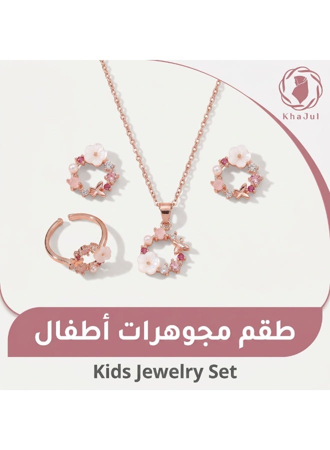 KHAJUL 3 Pieces Flower Jewelry Set for Girls, Rose Gold Necklace Bracelet Earrings Gift, Lightweight Kids Jewelry for Daily Wear School Party - Image 1