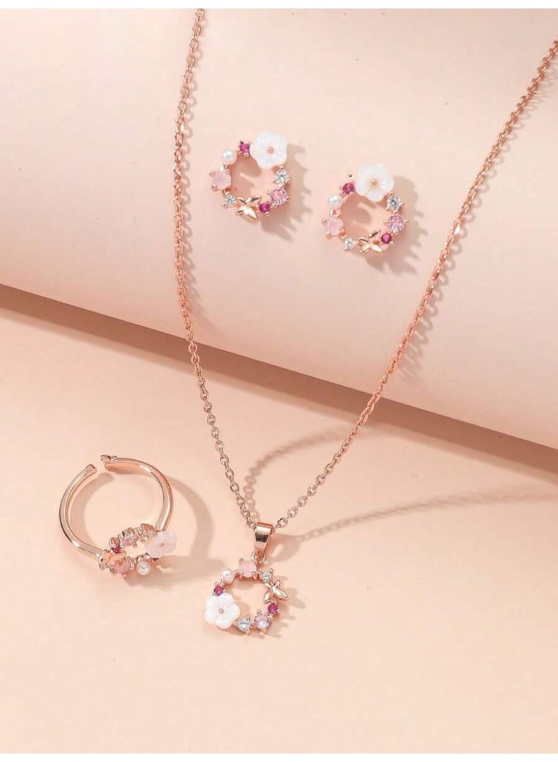 KHAJUL 3 Pieces Flower Jewelry Set for Girls, Rose Gold Necklace Bracelet Earrings Gift, Lightweight Kids Jewelry for Daily Wear School Party - Image 3