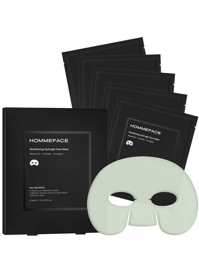 HOMMEFACE Revitalizing Hydrogel Facial Mask Set for Men (5ct) - Hydrating, Anti-aging & Soothing Face Sheet Mask with Hyaluronic Acid, Vitamin B, C, E & Peptides, Beard-Friendly  - Image 1