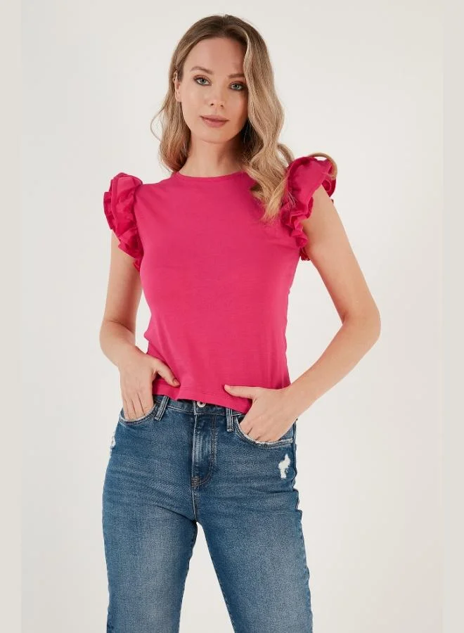 Lela Lela Cotton Slim Fit Crew Neck T-Shirt with Ruffled Sleeves Women's T-Shirt 5864500