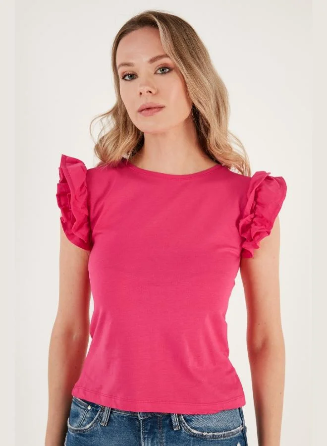 Lela Lela Cotton Slim Fit Crew Neck T-Shirt with Ruffled Sleeves Women's T-Shirt 5864500