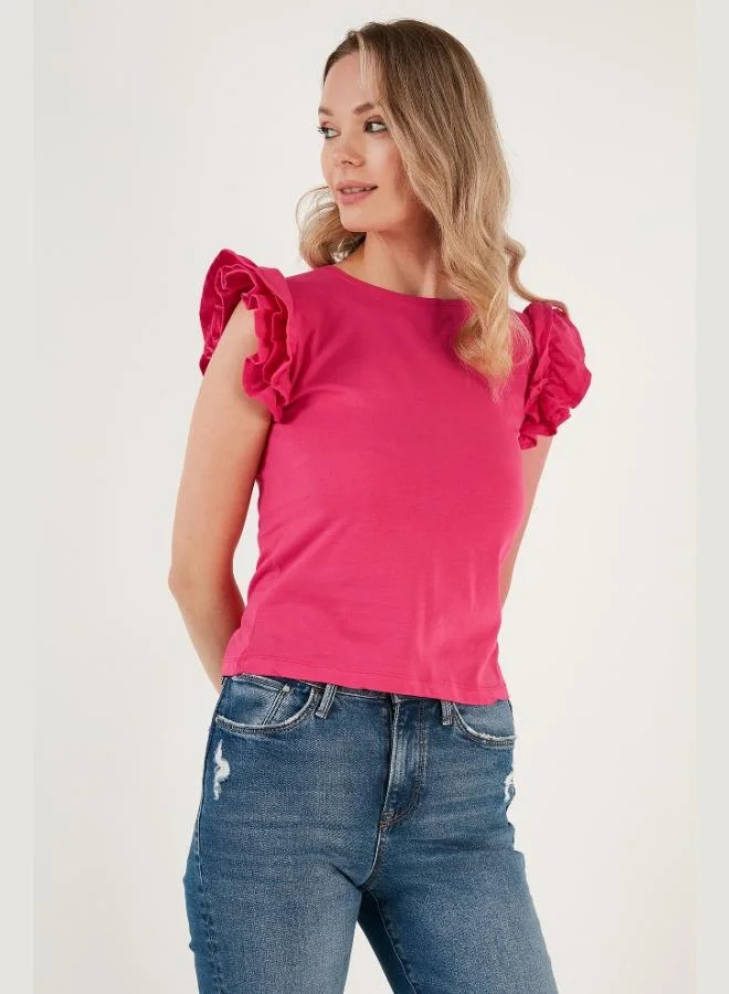 Lela Lela Cotton Slim Fit Crew Neck T-Shirt with Ruffled Sleeves Women's T-Shirt 5864500