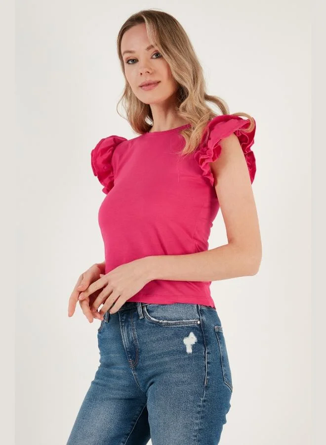 Lela Lela Cotton Slim Fit Crew Neck T-Shirt with Ruffled Sleeves Women's T-Shirt 5864500