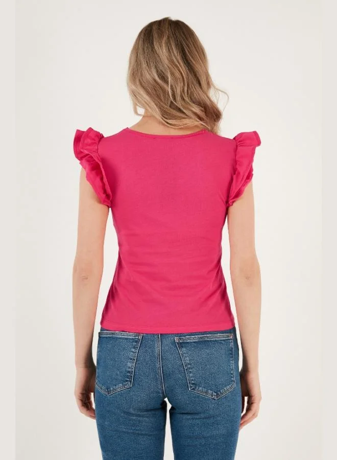 Lela  Lela Cotton Slim Fit Crew Neck T-Shirt with Ruffled Sleeves Women's T-Shirt 5864500 for Women | Best Price UAE