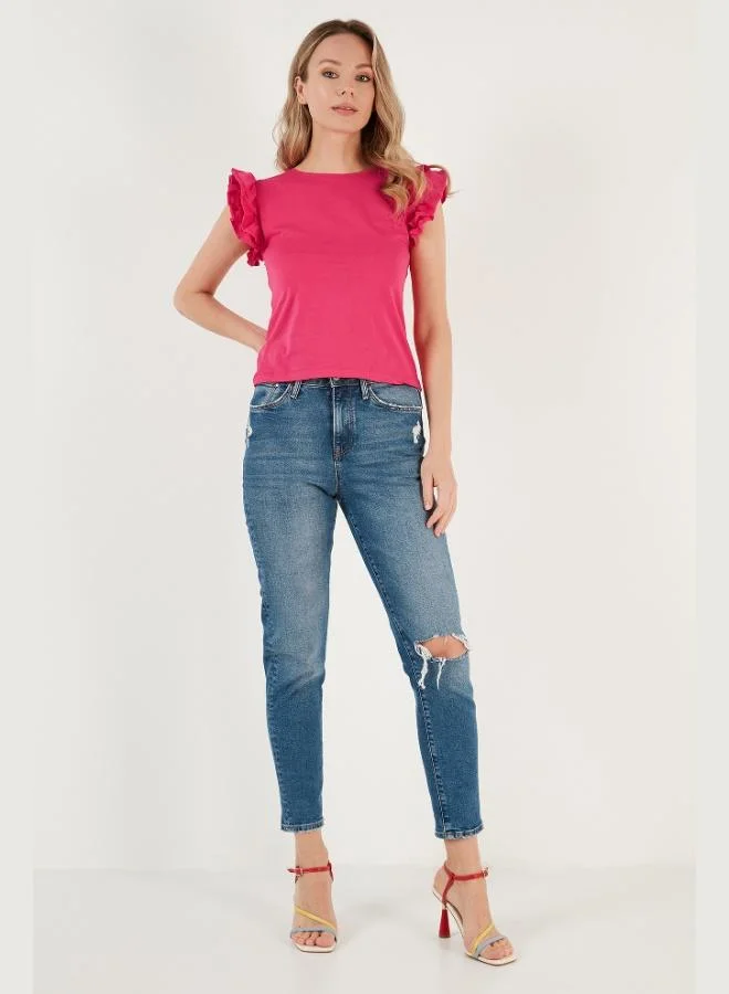 Lela  Lela Cotton Slim Fit Crew Neck T-Shirt with Ruffled Sleeves Women's T-Shirt 5864500 for Women | Best Price UAE