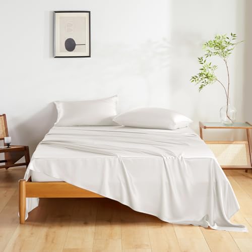 THXSILK Silk Sheet Set 4 Pcs King Size Sheet Set Soft Breathable Cooling Bed Sheets with 1 Flat Sheet 1 Fitted Sheet 2 Pillowcases with Zipper Closure White - Image 1