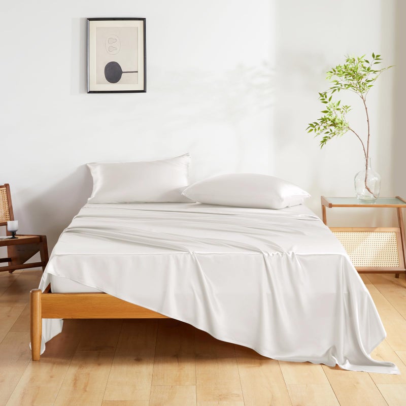 THXSILK Silk Sheet Set 4 Pcs King Size Sheet Set Soft Breathable Cooling Bed Sheets with 1 Flat Sheet 1 Fitted Sheet 2 Pillowcases with Zipper Closure White - Image 2