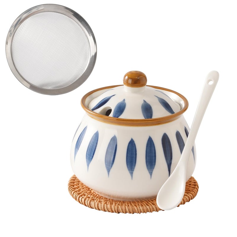 Elyfree Bacon Grease Container with Strainer, Ceramic Bacon Grease Saver with Strainer 23oz, Cooking Oil Storage for Kitchen, Oil Strainer Grease Can (Blue Leaves) - Image 1