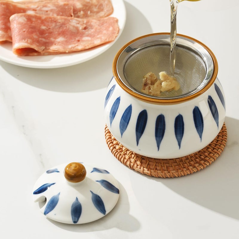 Elyfree Bacon Grease Container with Strainer, Ceramic Bacon Grease Saver with Strainer 23oz, Cooking Oil Storage for Kitchen, Oil Strainer Grease Can (Blue Leaves) - Image 3