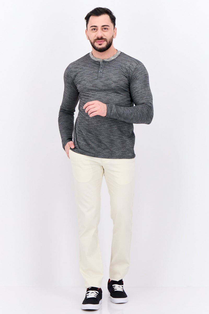 Blue Black Threads Men Henley Neck Heather Long Sleeves T-Shirt, Heather Black  - Image 4