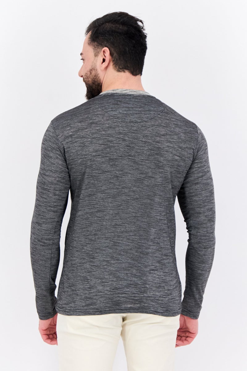 Blue Black Threads Men Henley Neck Heather Long Sleeves T-Shirt, Heather Black  - Image 3