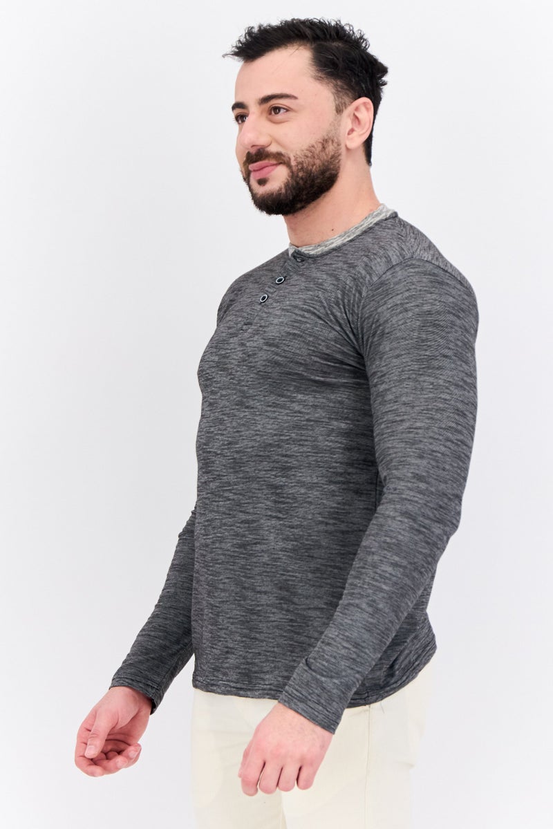 Blue Black Threads Men Henley Neck Heather Long Sleeves T-Shirt, Heather Black  - Image 2