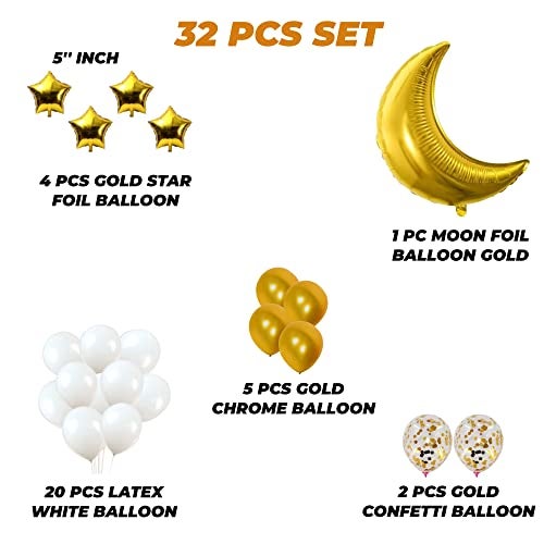 TOYXE Beautiful Moon Star Foil with Chrome and Confetti Latex Balloons Set of 32 Pcs - Image 2
