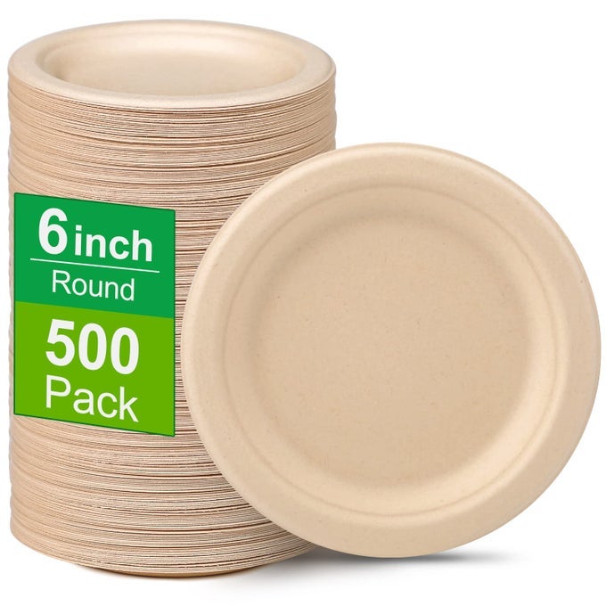 6 INCH PAPER PLATES 500 PACK BULK SMALL 100 COMPOSTABLE PLATES MADE FROM SUGARCANE FIBERS ECOFRIENDLY DISPOSABLE FOR DESSERT CAKE BROWN