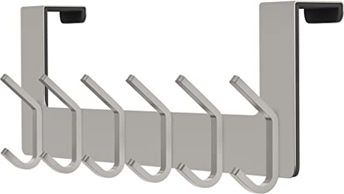 SAYONEYES Brushed Nickel Over The Door Hooks – Heavy Duty Stainless Steel Door Hanger with 6 Double Hooks for Hanging Towels, Coats, Robes, Hats, Bags – No Drill Over Door Towel Rack for Bathroom & Bedroom - Image 1