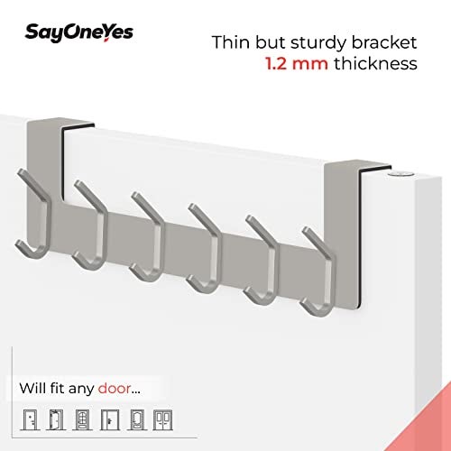 SAYONEYES Brushed Nickel Over The Door Hooks – Heavy Duty Stainless Steel Door Hanger with 6 Double Hooks for Hanging Towels, Coats, Robes, Hats, Bags – No Drill Over Door Towel Rack for Bathroom & Bedroom - Image 5