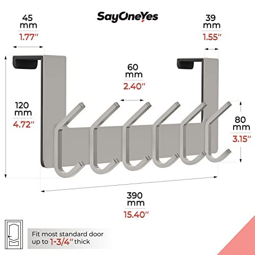 SAYONEYES Brushed Nickel Over The Door Hooks – Heavy Duty Stainless Steel Door Hanger with 6 Double Hooks for Hanging Towels, Coats, Robes, Hats, Bags – No Drill Over Door Towel Rack for Bathroom & Bedroom - Image 2