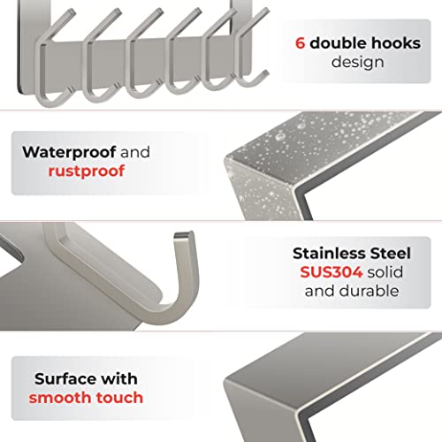 SAYONEYES Brushed Nickel Over The Door Hooks – Heavy Duty Stainless Steel Door Hanger with 6 Double Hooks for Hanging Towels, Coats, Robes, Hats, Bags – No Drill Over Door Towel Rack for Bathroom & Bedroom - Image 3