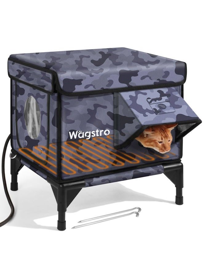 Wagstro Heated Cat House for Outside, Insulated Weatherproof Heated Outdoor Cat House with Waterproof Eaves & Escape Door, Elevated Outdoor Cat Shelter with Heater for Feral Stray Barn Cat - Image 1