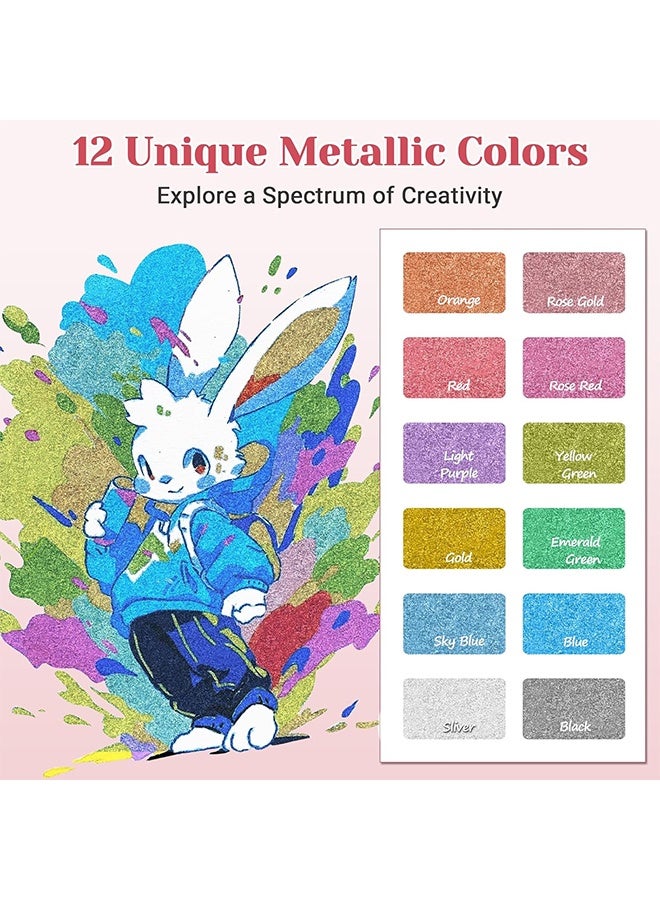 Metallic Acrylic Paint Markers Set 12 Colours Metallic Pens for Colouring Books, Scrapbook Accessories, Gift Card Making, Journaling Supplies, Arts and Crafts Supplies Metallic marker Pens - Image 3