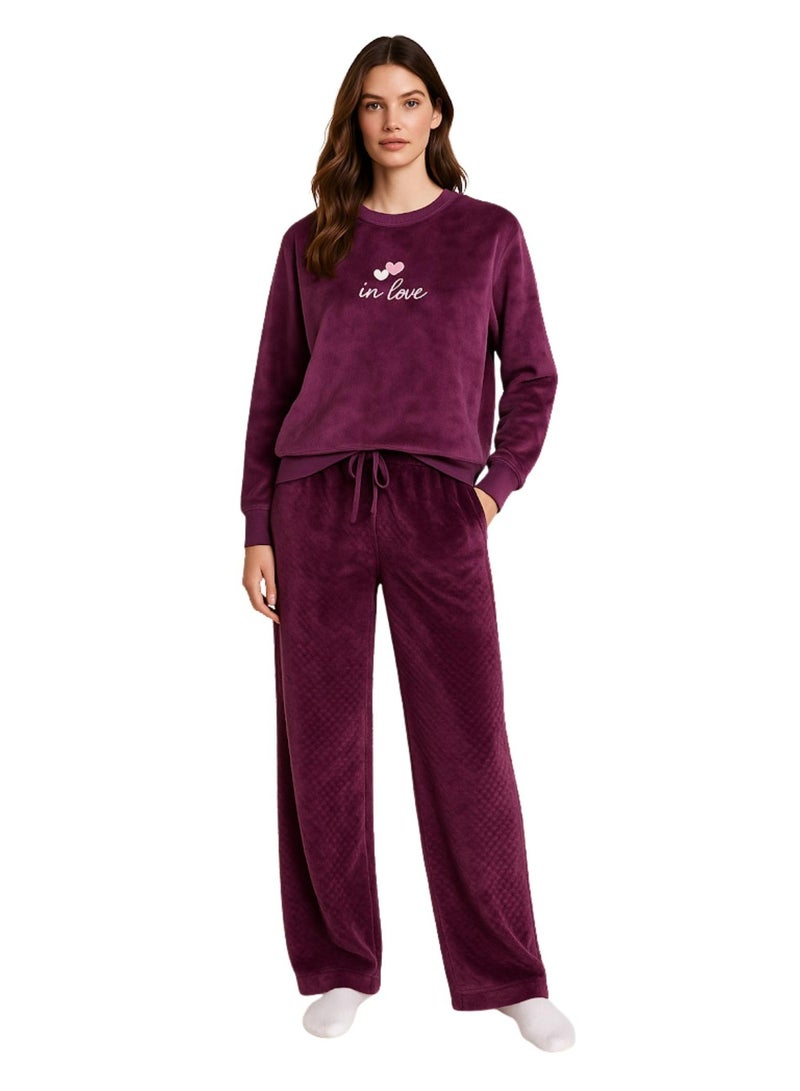 Vanilla VNL Women's Plush Velvet Loungewear Set, Purple 'In Love' Heart Print Sweatshirt and Pants, Cozy Two-Piece Pajama Set Code 3448 - Image 1