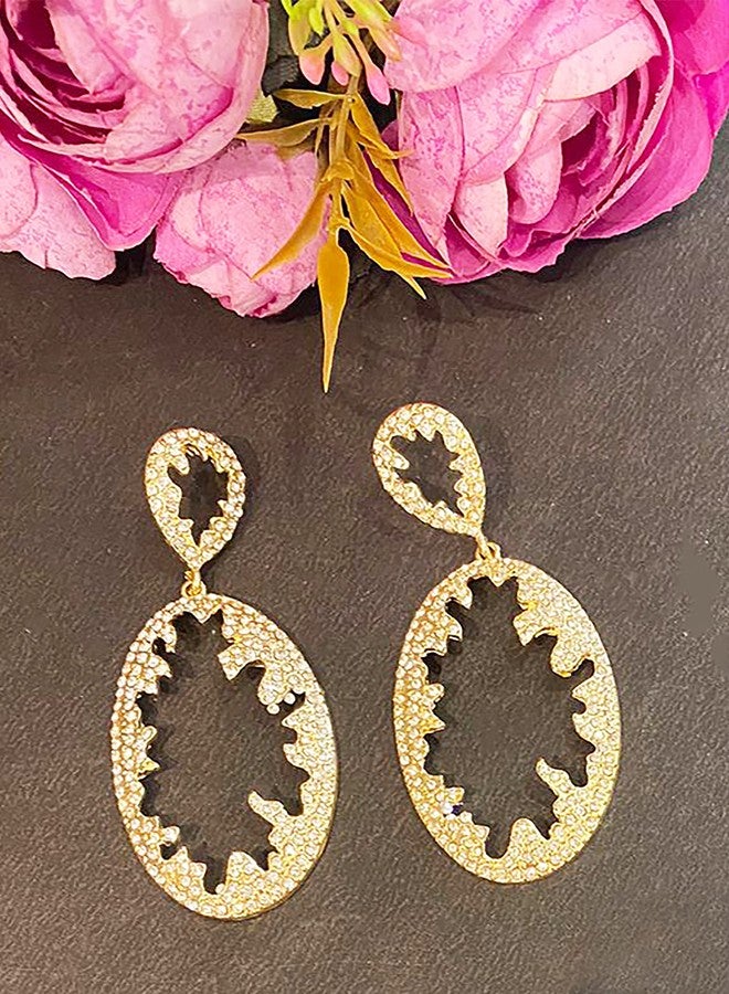 La Belleza Gold Plated White Stone Studded Oval Light Weight Dangler | Earring | Drop Earring for Girls and Women (In Golden Color) - Image 4