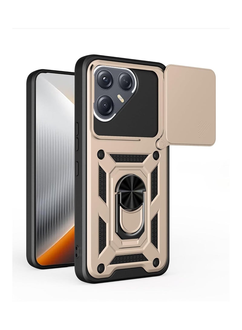 عام غطاء واقي متوافق مع هاتف Tecno Pova 7 Ultra 5G، يتميز بغطاء منزلق لحماية الكاميرا، ومصنّع وفق معايير عسكرية متينة مضادة للصدمات، مع حامل حلقة مغناطيسي.