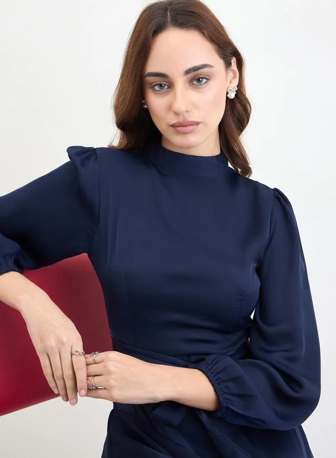 Styli Navy Blue Long Sleeves A-Line Maxi Dress