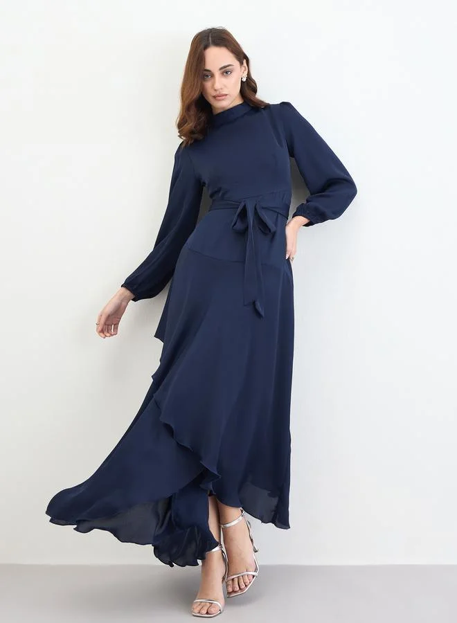 Navy Blue Long Sleeves A-Line Maxi Dress