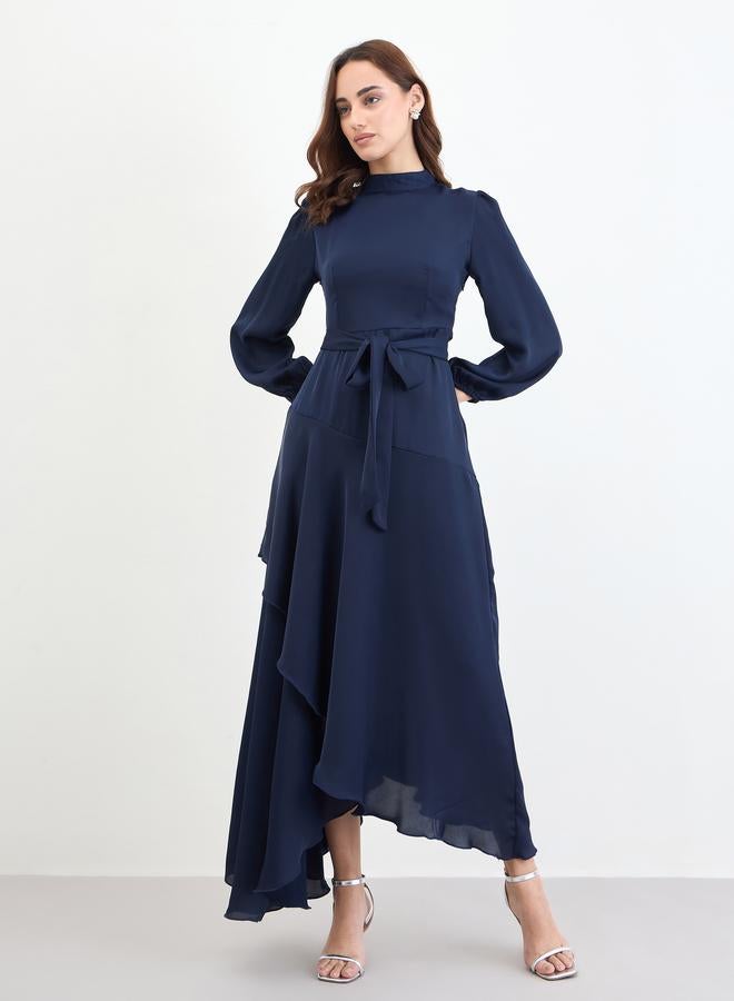 ستايلي فستان طويل كحلي بأكمام طويلة وحافة واسعة - Image 3