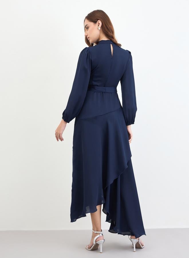 ستايلي فستان طويل كحلي بأكمام طويلة وحافة واسعة - Image 5