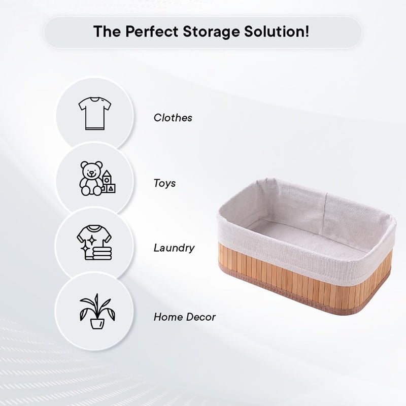 Homestic Pack of 3 Bamboo Storage Basket With Liner|Fodable Storage Organizer|Box For Cloth, Toiletry, Bathroom|Capacity 7L, 4.8L, 2.8L|Natural|