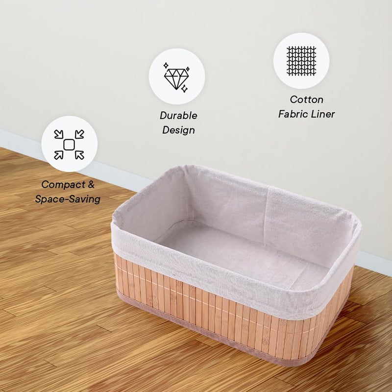 Homestic Pack of 3 Bamboo Storage Basket With Liner|Fodable Storage Organizer|Box For Cloth, Toiletry, Bathroom|Capacity 7L, 4.8L, 2.8L|Natural|