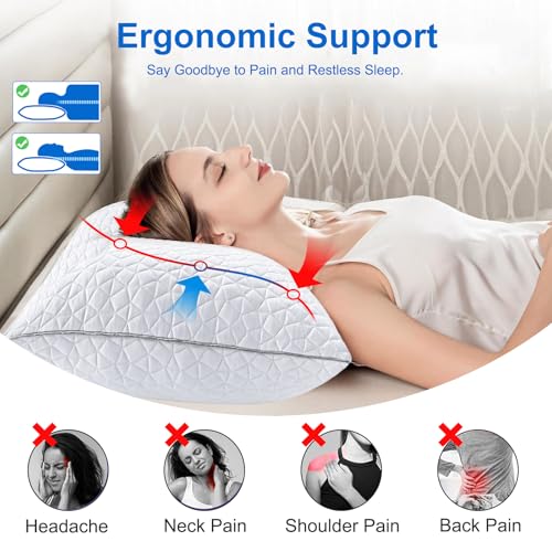 Seyfote Cooling Pillows Standard Size Set of 2, Shredded Memory Foam Pillows, Adjustable Firm Bed Pillows Cool Cold Pillow for Hot Side Back Stomach Sleepers with Removable Washable Cover, 20" x 26", White - Image 5