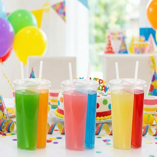 HEALLILY 20 قطعة كوب بلاستيكي قابل للتصرف كوب مقسم للمشروبات شكل دائري كوب مزدوج السُمك لمشاركة المشروبات مع أغطية لشاي الحليب بوبا عصير حفلة - Image 5