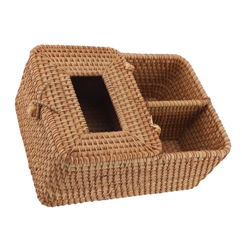 صندوق مناديل من الروطان اليدوي المربع مع غطاء لتزيين المنزل والمطبخ والمكتب وحامل المناديل - Image 3