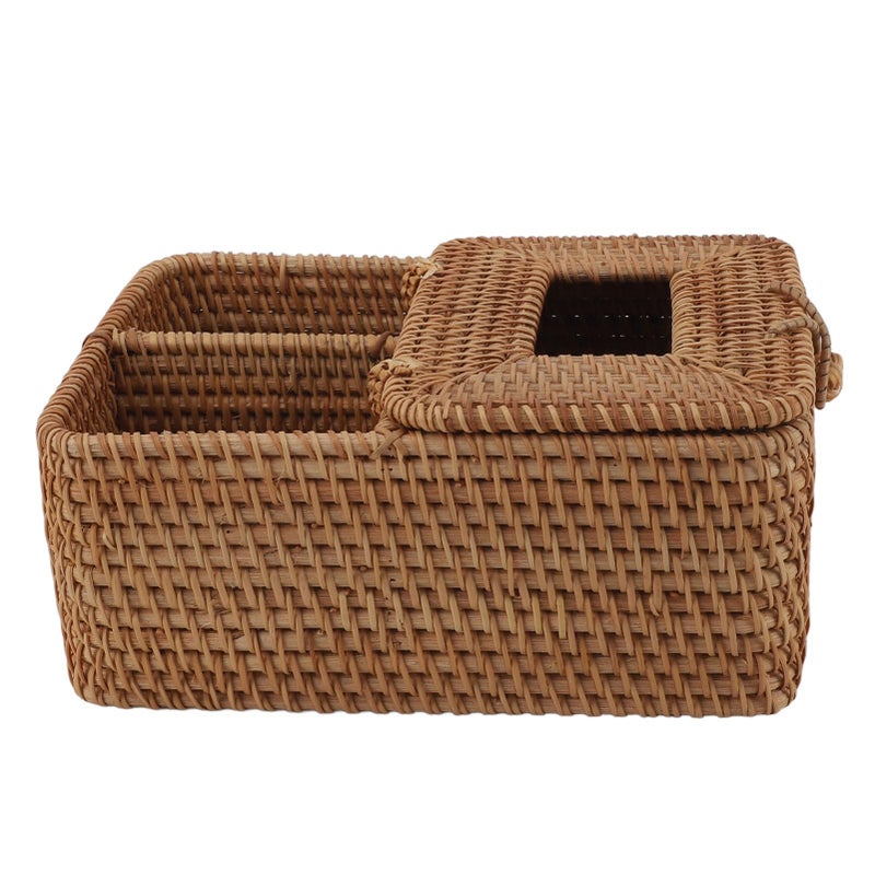 صندوق مناديل من الروطان اليدوي المربع مع غطاء لتزيين المنزل والمطبخ والمكتب وحامل المناديل - Image 4